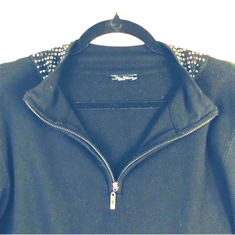 Black Knit Sweater Woman's L Long Sleeve Mock Zip Turtleneck Black Ckassic Minim